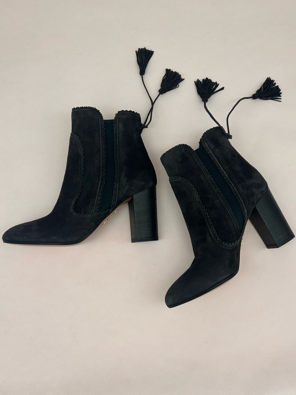 Aquazzura - Tristan Suede Bootie - Black Suede Tassel Luxury Block Heel Boots
